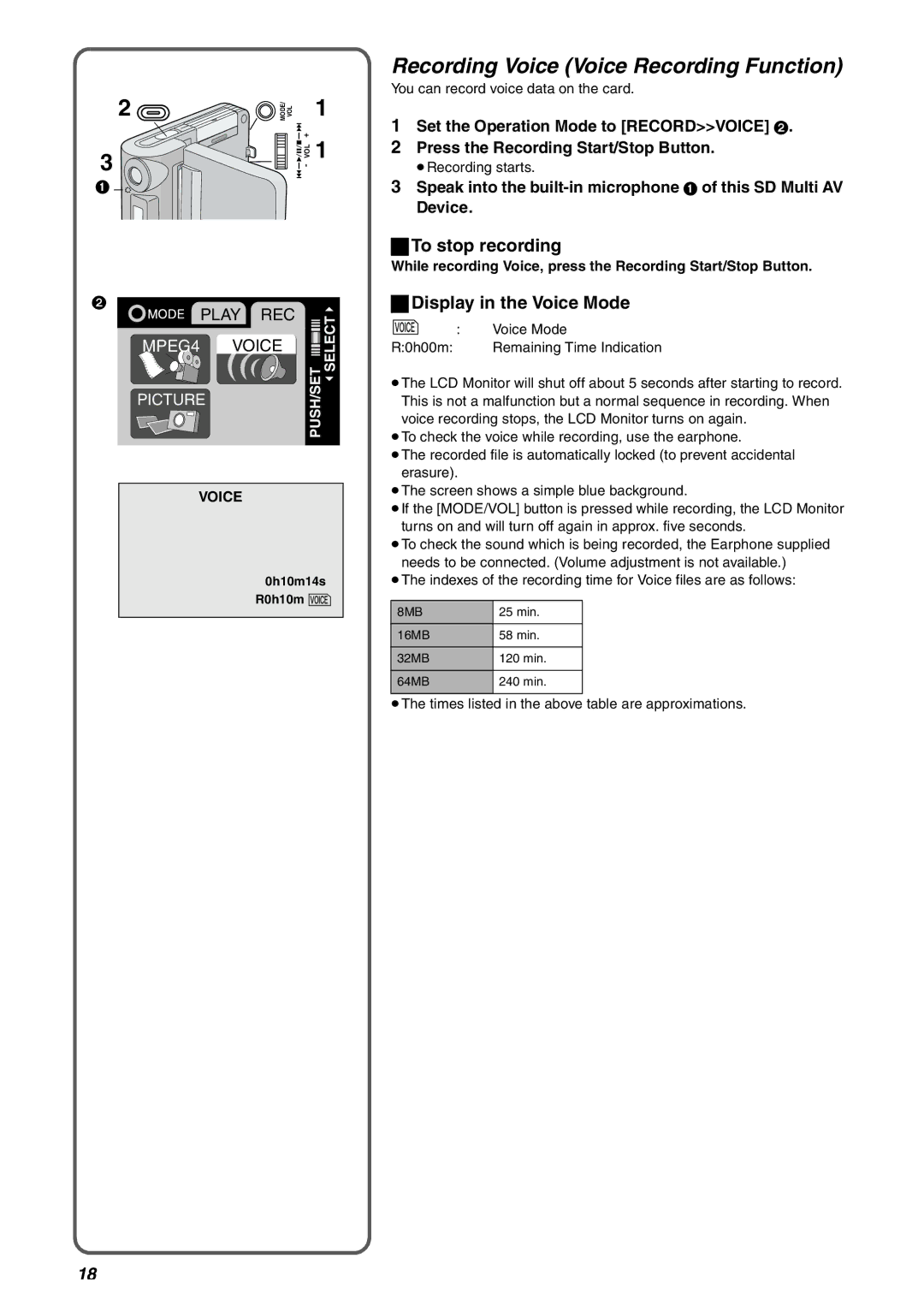 Panasonic SV-AV10B, SV-AV10EN operating instructions Recording Voice Voice Recording Function, Display in the Voice Mode 