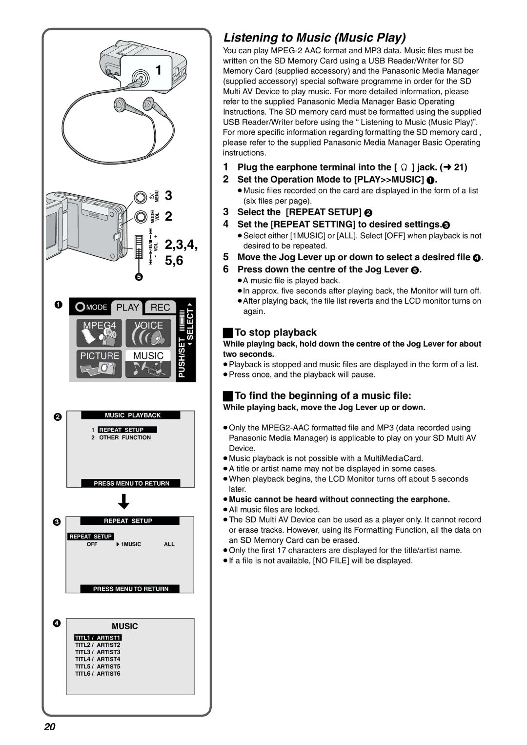 Panasonic SV-AV10EN, SV-AV10B operating instructions Listening to Music Music Play, To find the beginning of a music file 