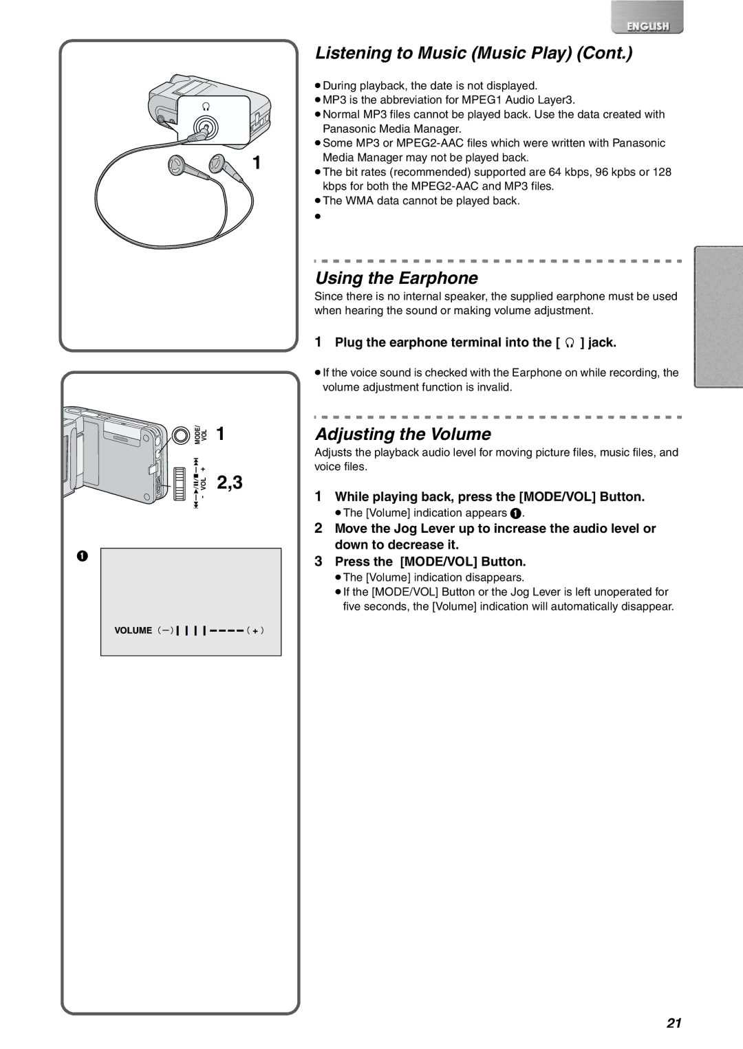 Panasonic SV-AV10B, SV-AV10EN Using the Earphone, Adjusting the Volume, Plug the earphone terminal into the jack 