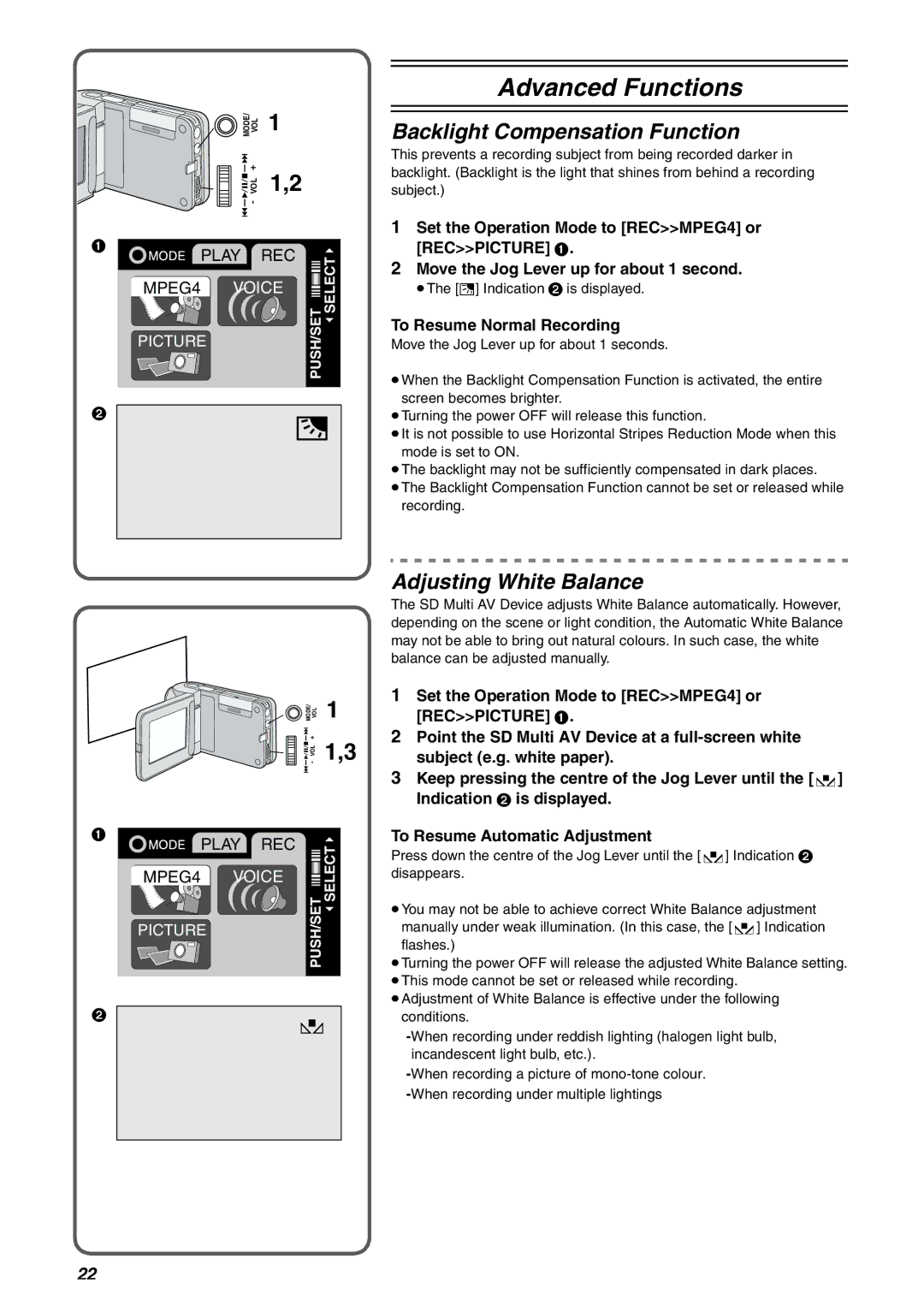 Panasonic SV-AV10E, SV-AV10B Backlight Compensation Function, Adjusting White Balance, To Resume Normal Recording 