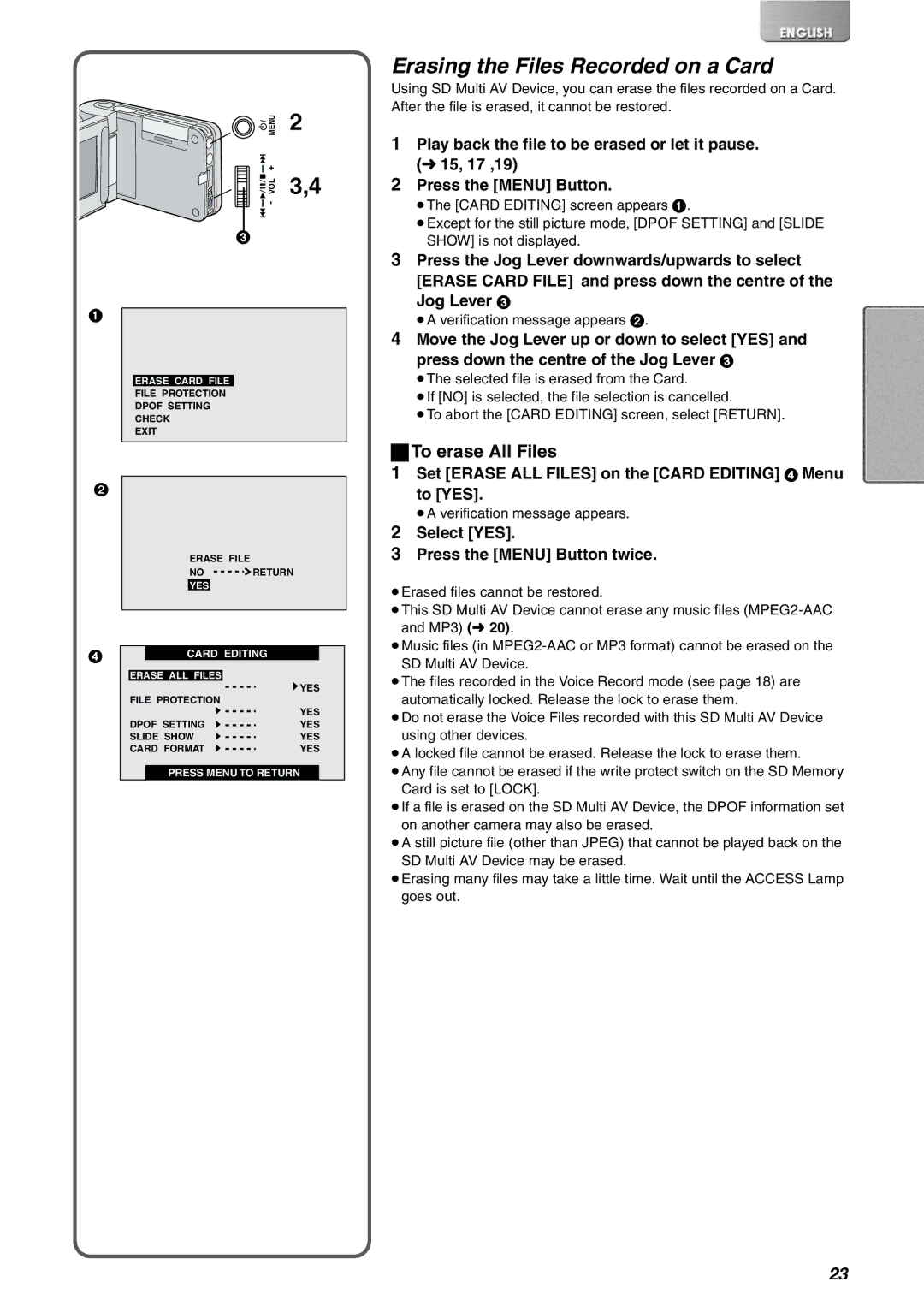 Panasonic SV-AV10EN Erasing the Files Recorded on a Card, To erase All Files, Select YES Press the Menu Button twice 