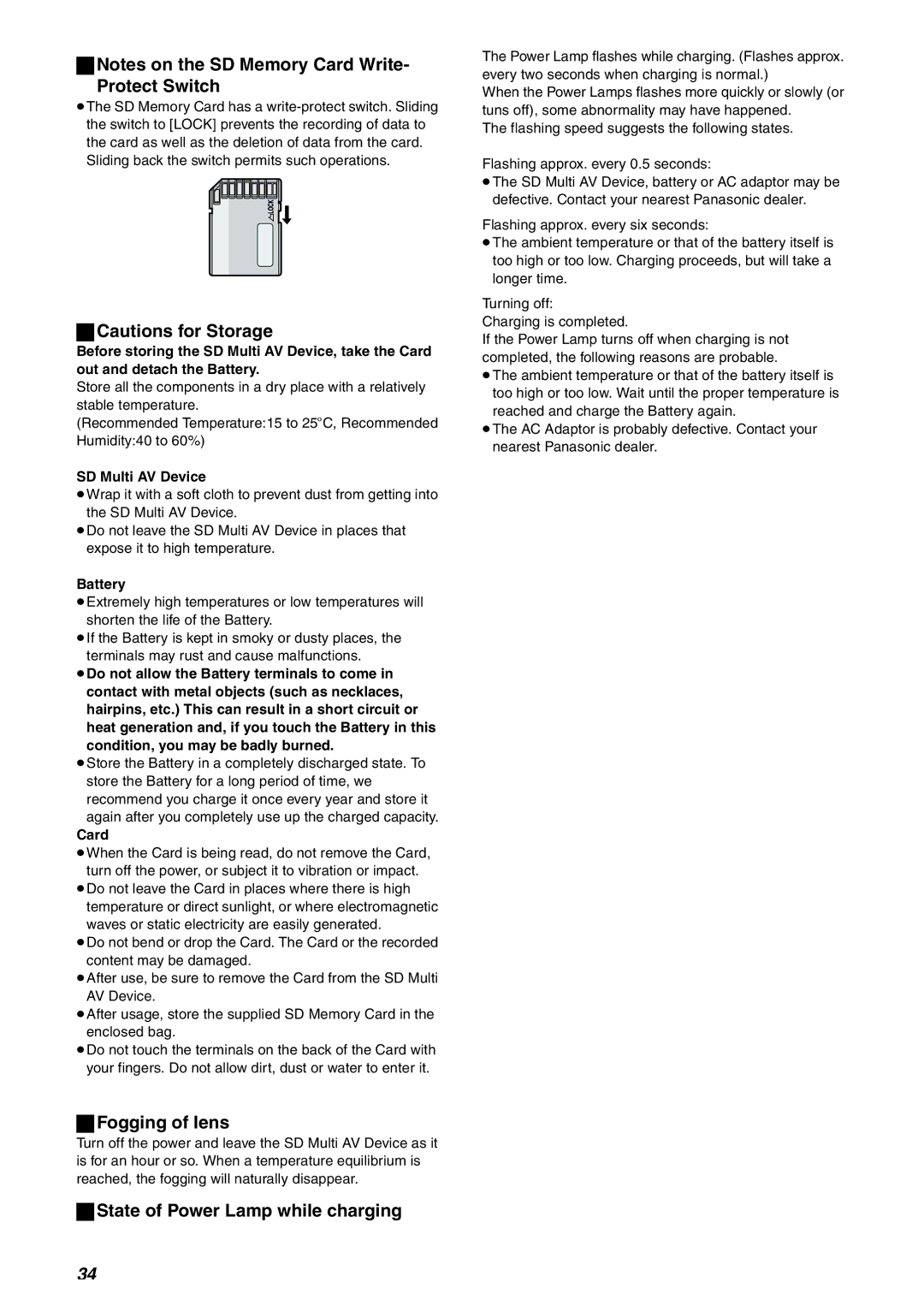 Panasonic SV-AV10B, SV-AV10EN operating instructions Protect Switch, Fogging of lens, State of Power Lamp while charging 