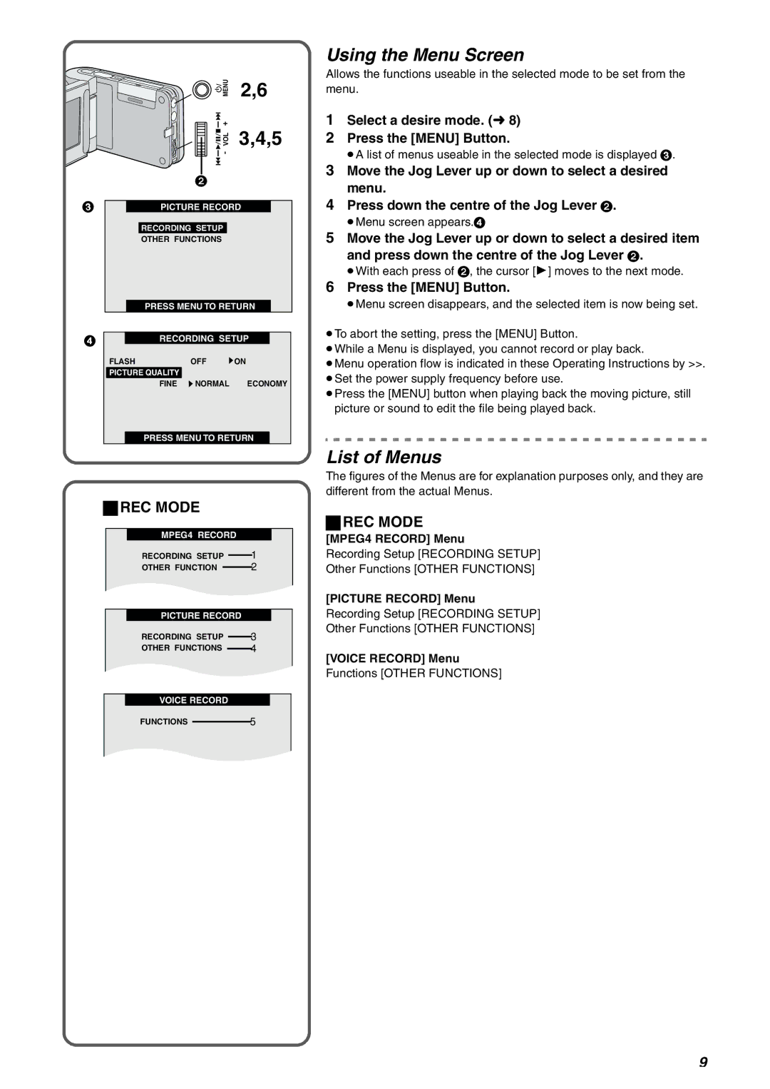 Panasonic SV-AV10B Using the Menu Screen, List of Menus, ªREC Mode, Select a desire mode. l Press the Menu Button 