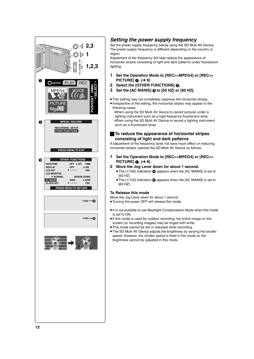 Panasonic SV-AV10U operating instructions Setting the power supply frequency, To Release this mode 