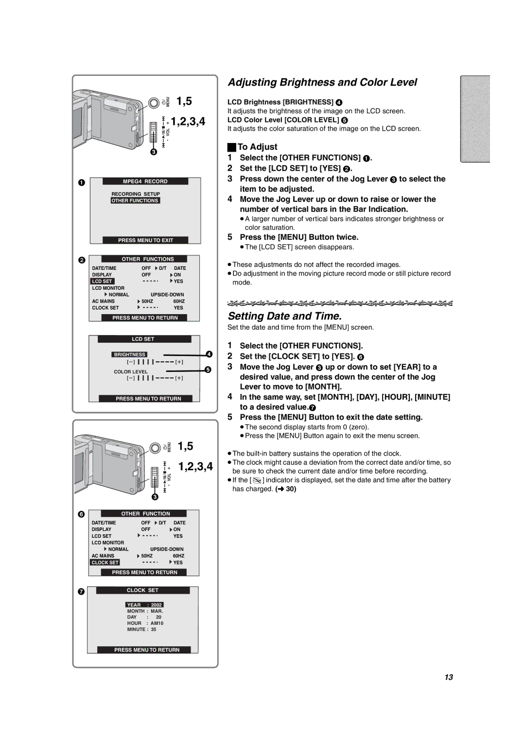 Panasonic SV-AV10U Adjusting Brightness and Color Level, Setting Date and Time, To Adjust, Press the Menu Button twice 