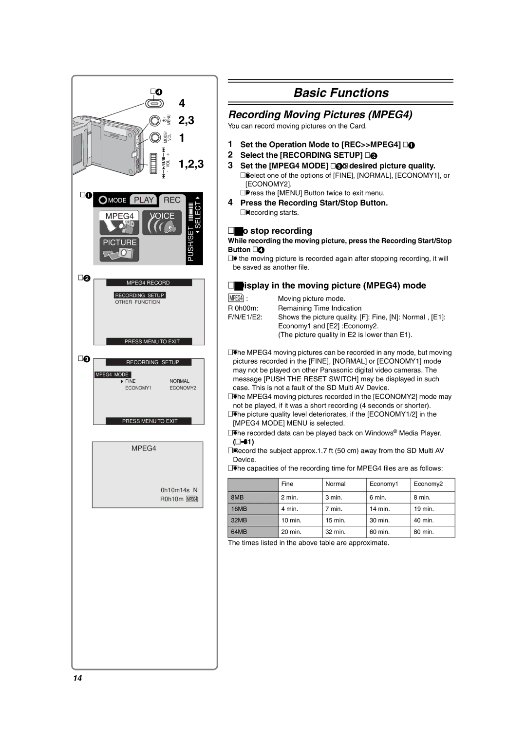 Panasonic SV-AV10U Recording Moving Pictures MPEG4, To stop recording, Display in the moving picture MPEG4 mode, L31 