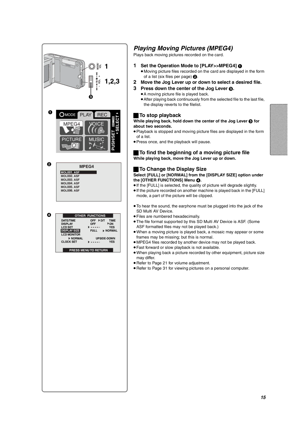 Panasonic SV-AV10U Playing Moving Pictures MPEG4, To stop playback, To find the beginning of a moving picture file 