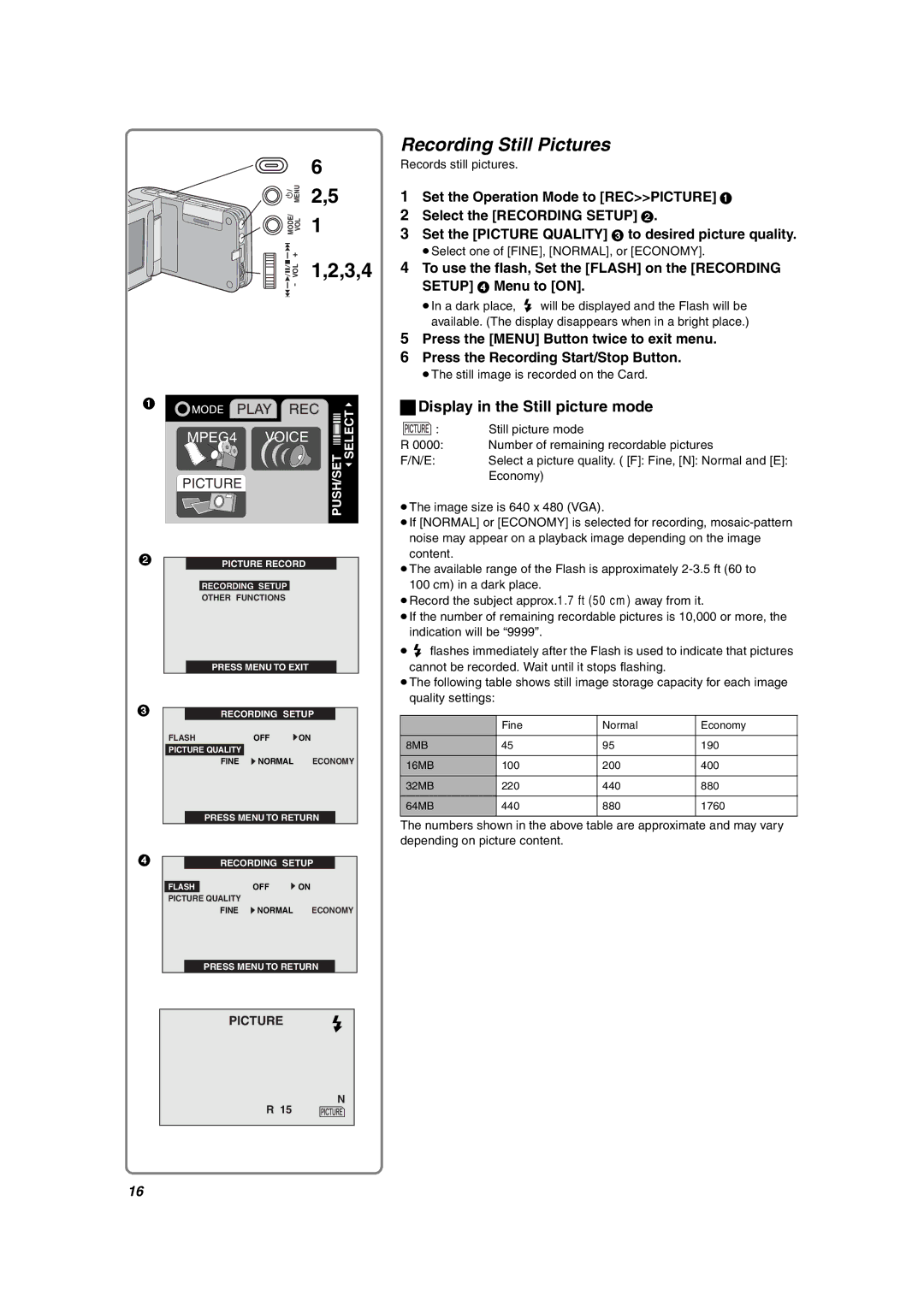 Panasonic SV-AV10U operating instructions Recording Still Pictures, Display in the Still picture mode 