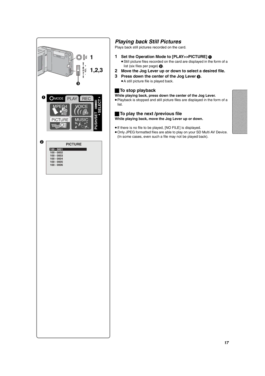 Panasonic SV-AV10U Playing back Still Pictures, To play the next /previous file, Set the Operation Mode to Playpicture 