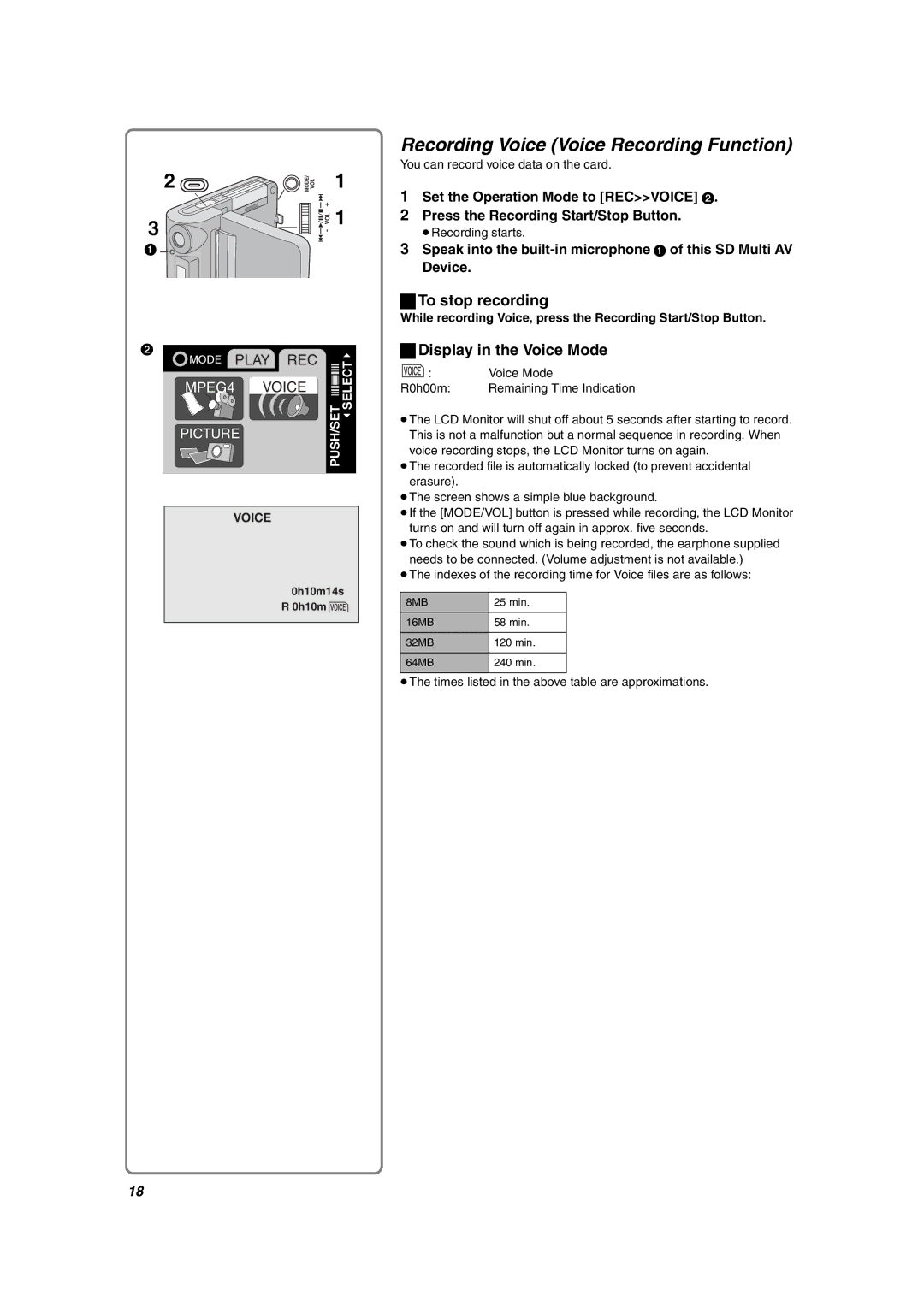 Panasonic SV-AV10U operating instructions Recording Voice Voice Recording Function, Display in the Voice Mode 