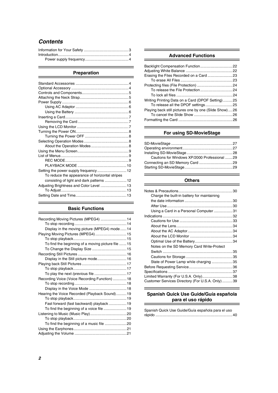 Panasonic SV-AV10U operating instructions Contents 