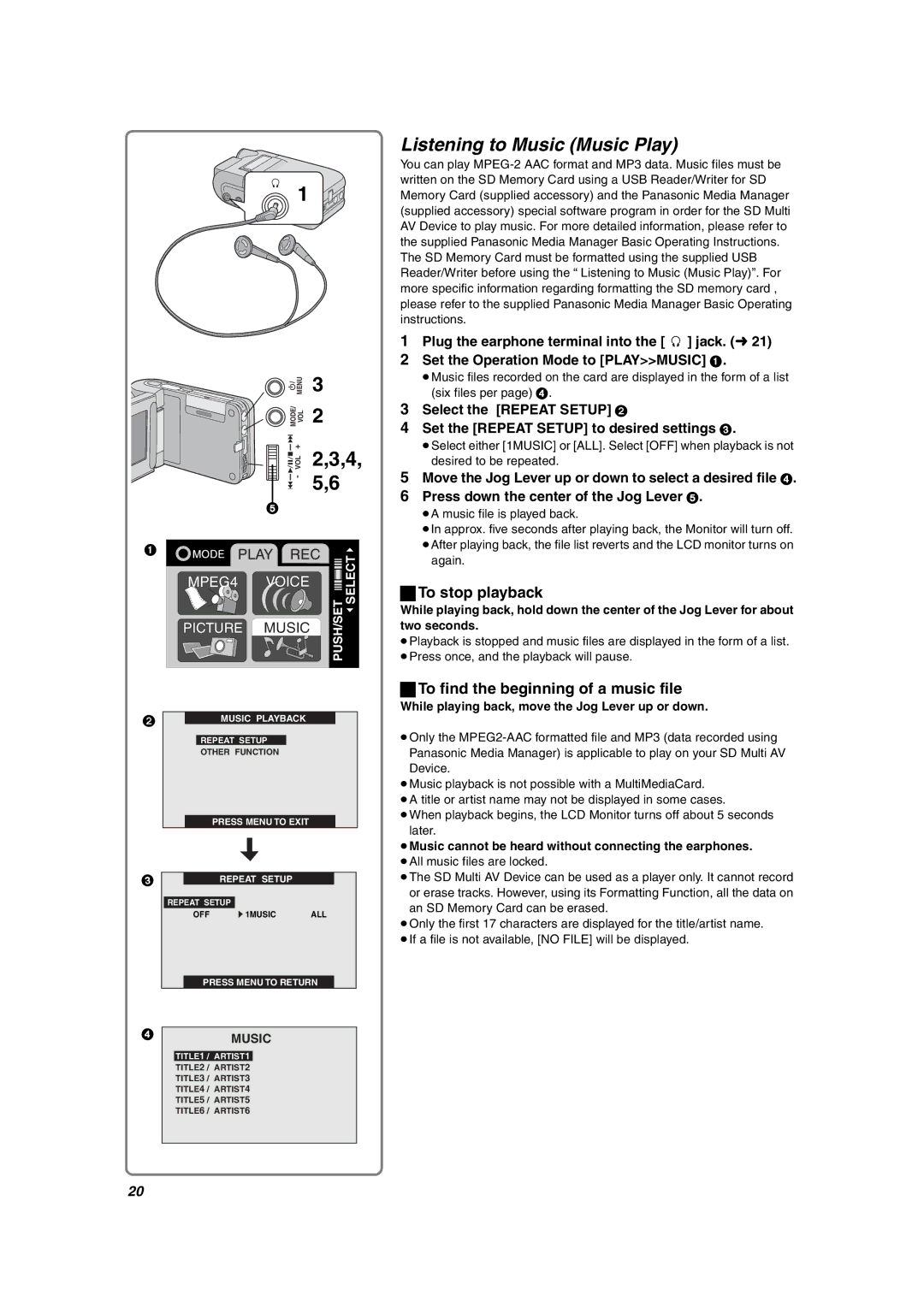 Panasonic SV-AV10U operating instructions Listening to Music Music Play, To find the beginning of a music file 