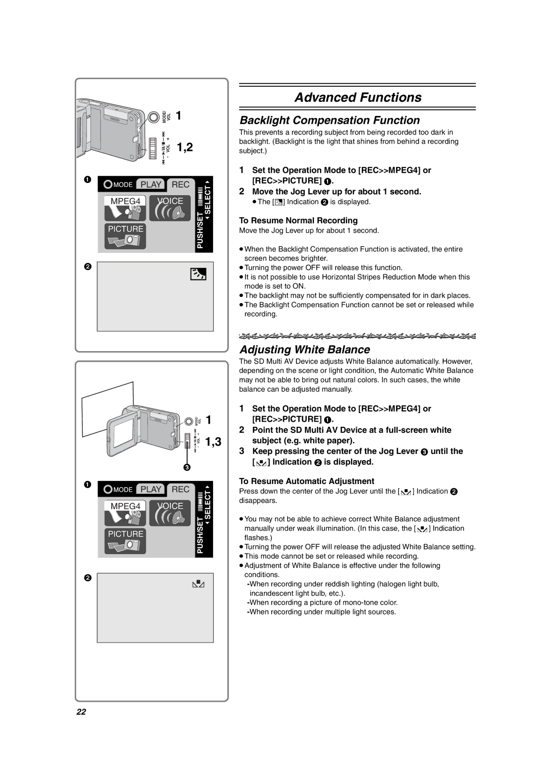 Panasonic SV-AV10U Backlight Compensation Function, Adjusting White Balance, To Resume Normal Recording 