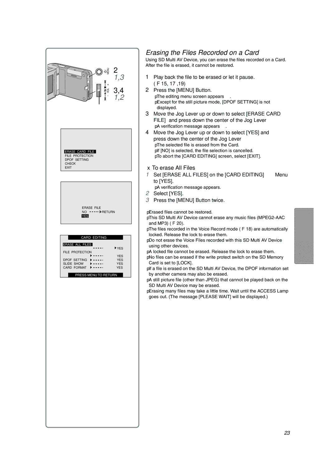 Panasonic SV-AV10U Erasing the Files Recorded on a Card, To erase All Files, Select YES Press the Menu Button twice 