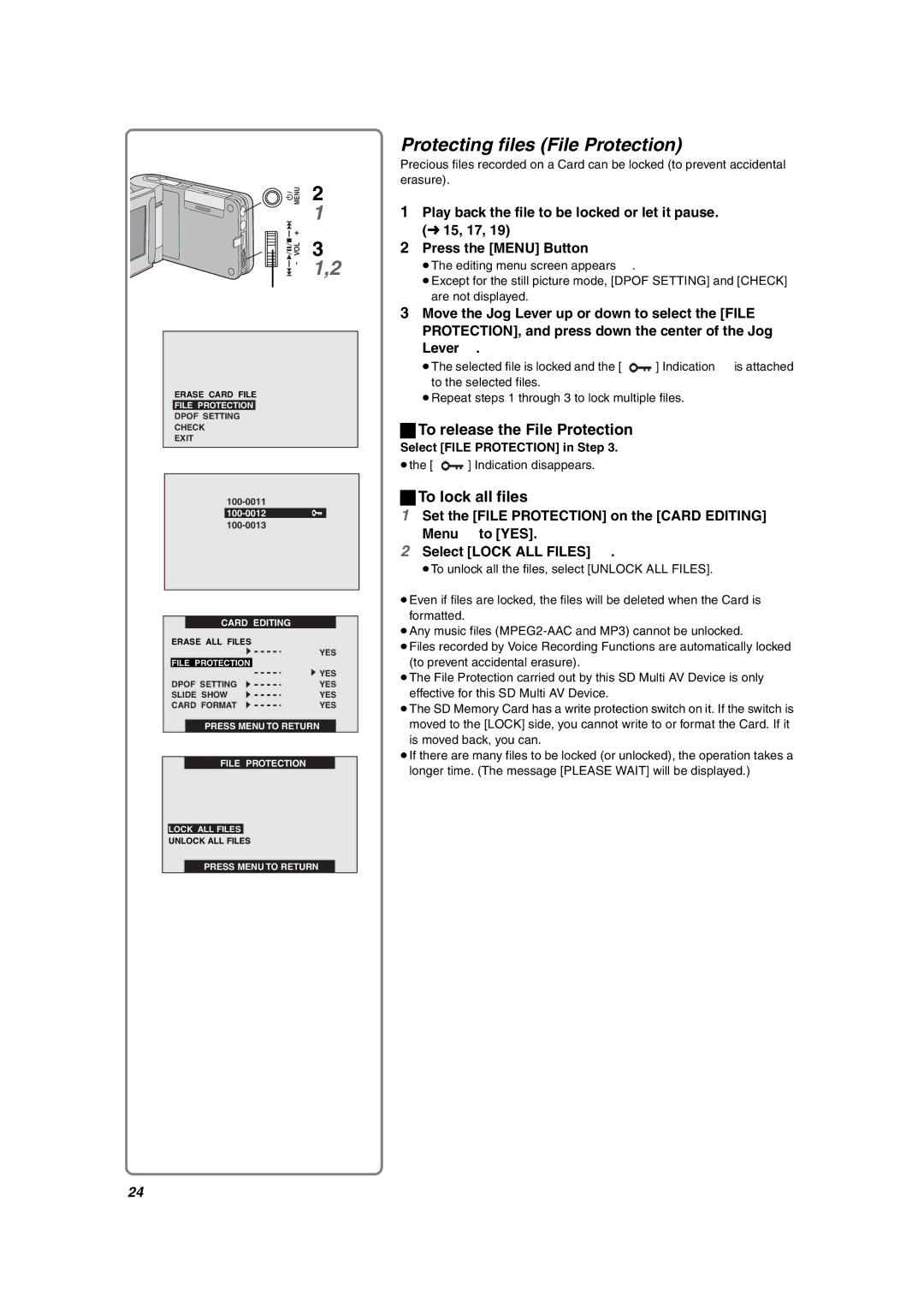 Panasonic SV-AV10U Protecting files File Protection, To release the File Protection, To lock all files 