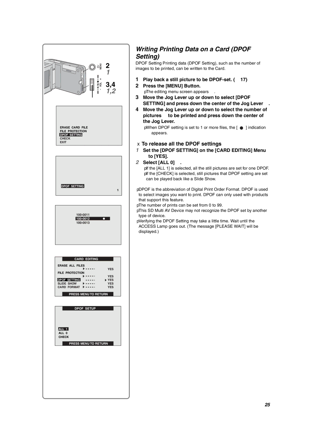 Panasonic SV-AV10U operating instructions Writing Printing Data on a Card Dpof Setting, To release all the Dpof settings 