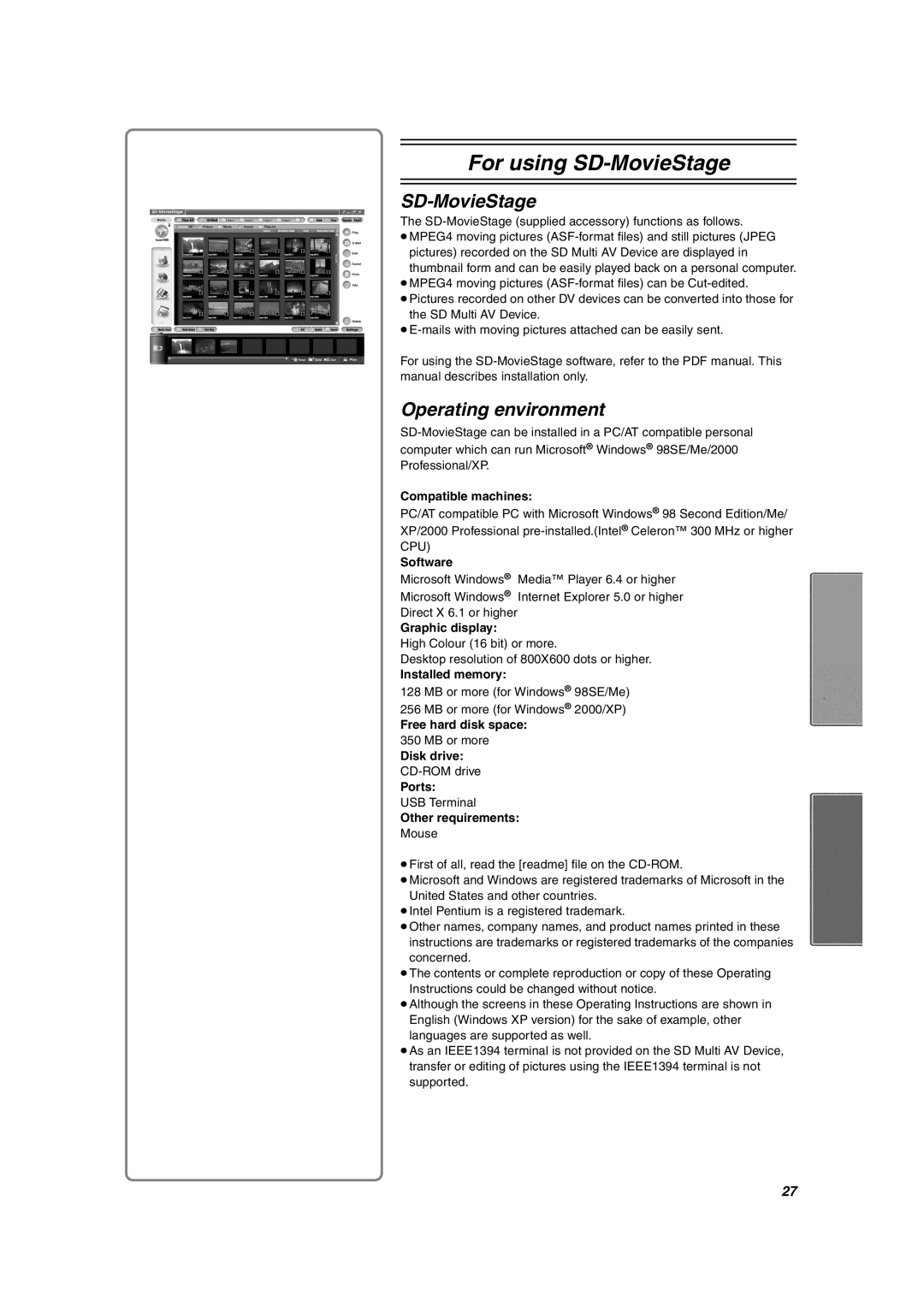 Panasonic SV-AV10U operating instructions SD-MovieStage, Operating environment 