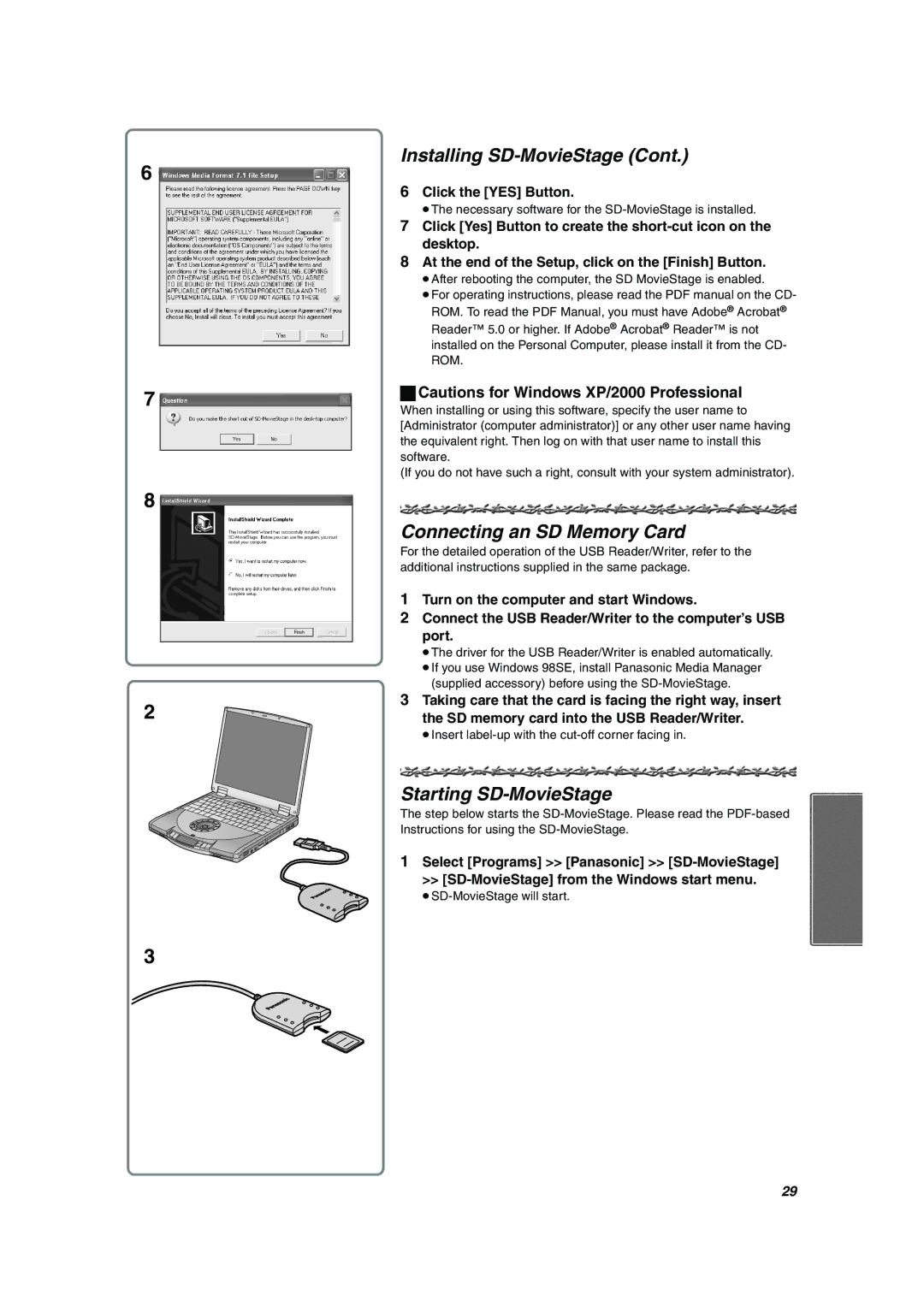 Panasonic SV-AV10U operating instructions Connecting an SD Memory Card, Starting SD-MovieStage, Click the YES Button 