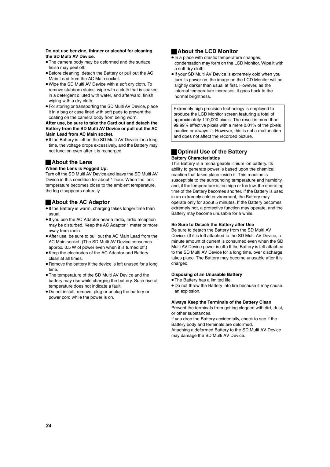 Panasonic SV-AV10U About the Lens, About the AC Adaptor, About the LCD Monitor, Optimal Use of the Battery 