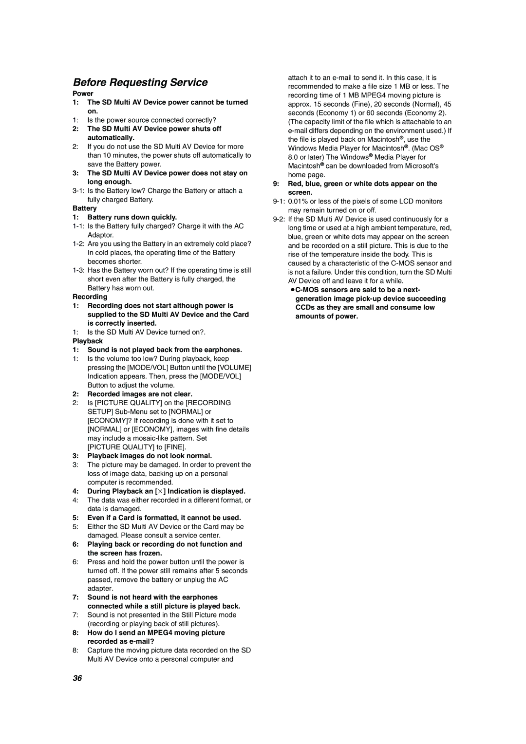 Panasonic SV-AV10U operating instructions Before Requesting Service 