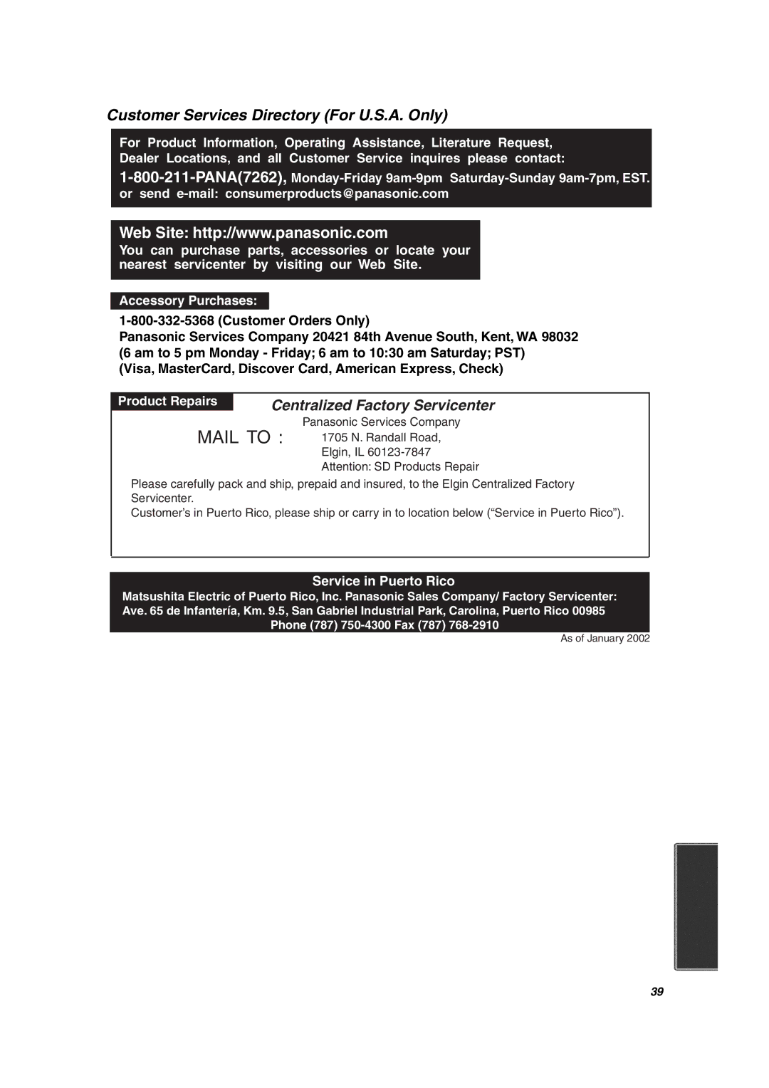 Panasonic SV-AV10U operating instructions Customer Services Directory For U.S.A. Only, Centralized Factory Servicenter 