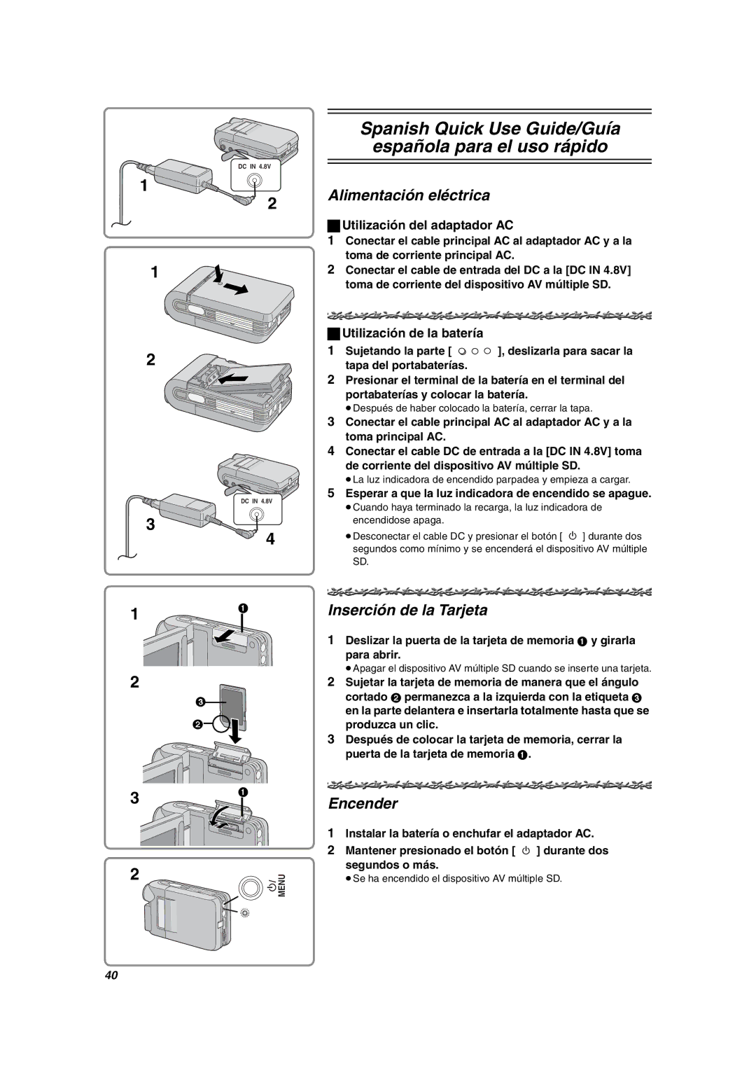 Panasonic SV-AV10U Alimentación eléctrica, Inserción de la Tarjeta, Encender, Utilización del adaptador AC 