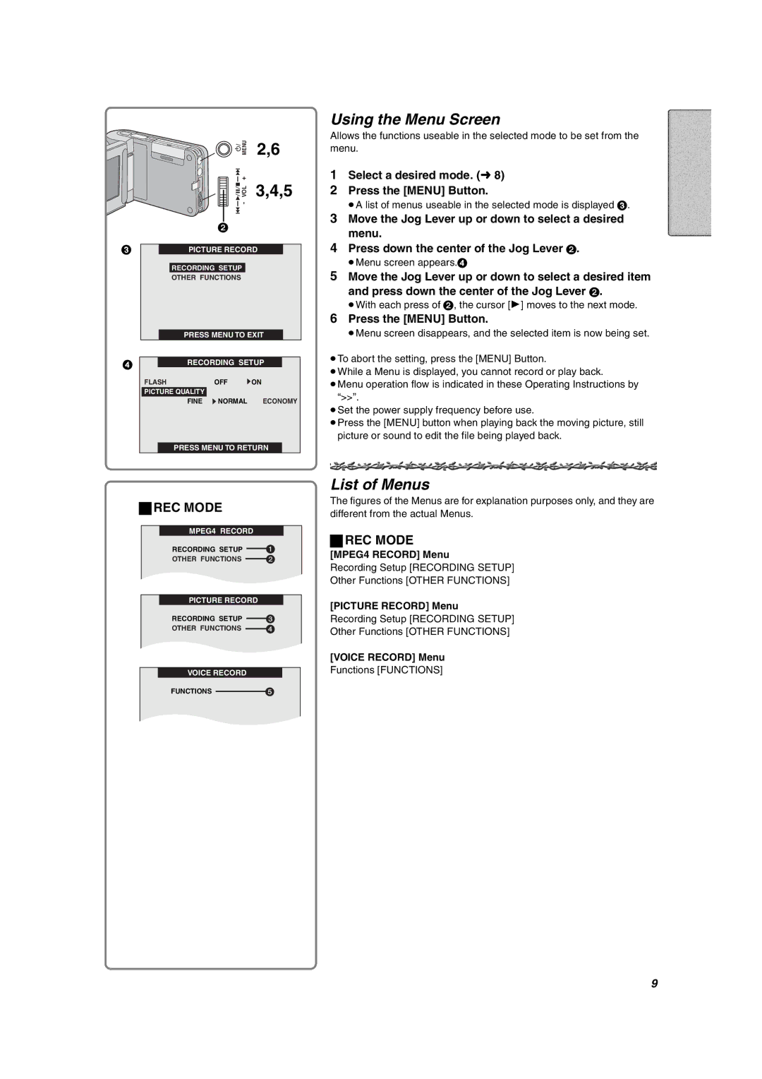 Panasonic SV-AV10U Using the Menu Screen, List of Menus, ªREC Mode, Select a desired mode. l Press the Menu Button 