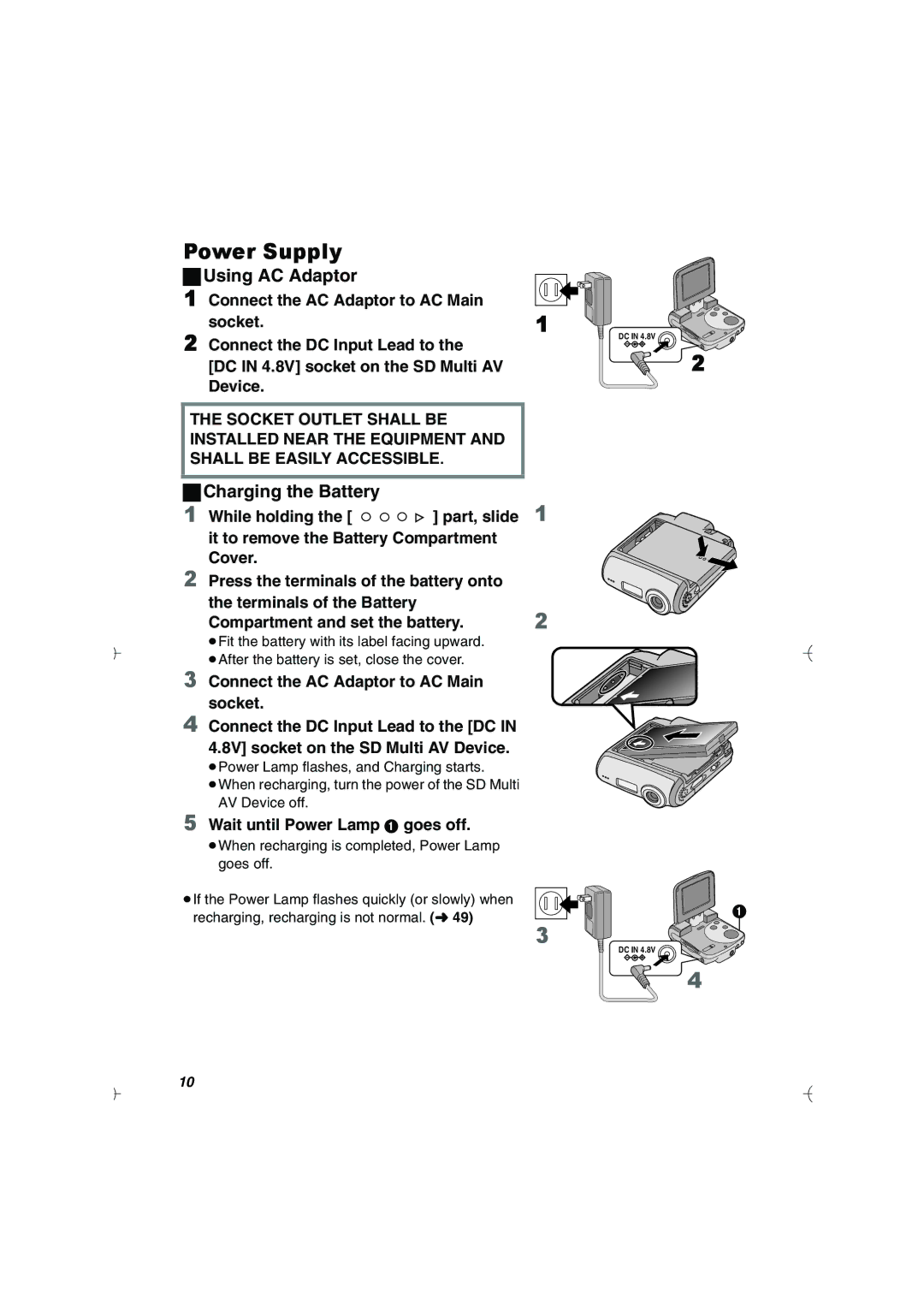 Panasonic SV-AV20U manual Power Supply, Using AC Adaptor, Charging the Battery, Wait until Power Lamp 1 goes off 