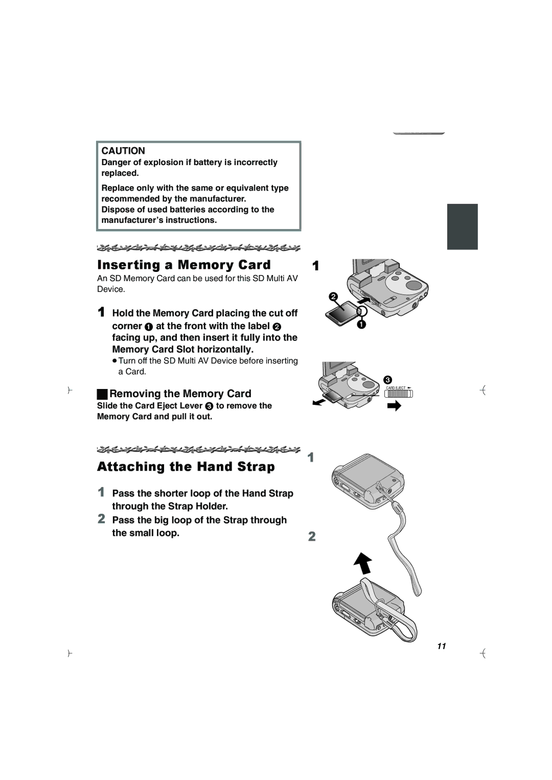 Panasonic SV-AV20U manual Inserting a Memory Card, Attaching the Hand Strap, Removing the Memory Card 