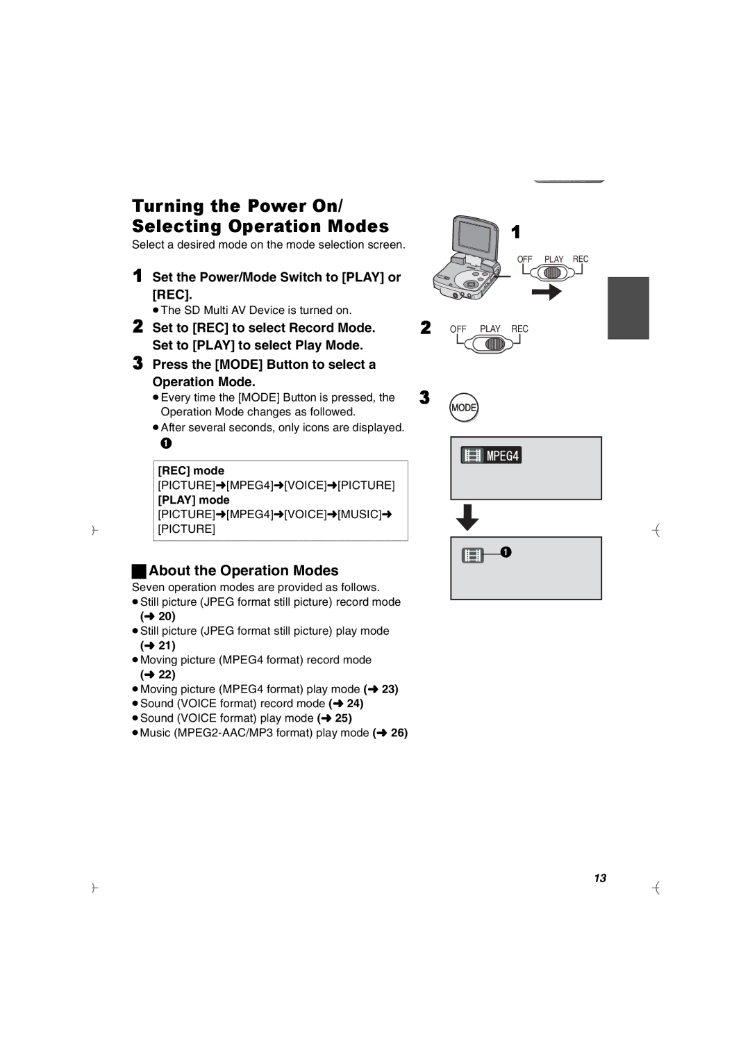 Panasonic SV-AV20U manual About the Operation Modes, Set the Power/Mode Switch to Play or REC, REC mode, Play mode 