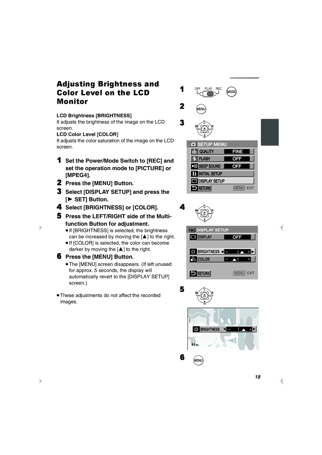 Panasonic SV-AV20U manual Adjusting Brightness and Color Level on the LCD Monitor, LCD Brightness Brightness 