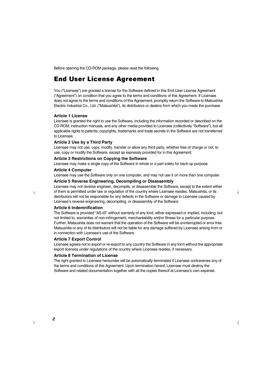 Panasonic SV-AV20U manual End User License Agreement 