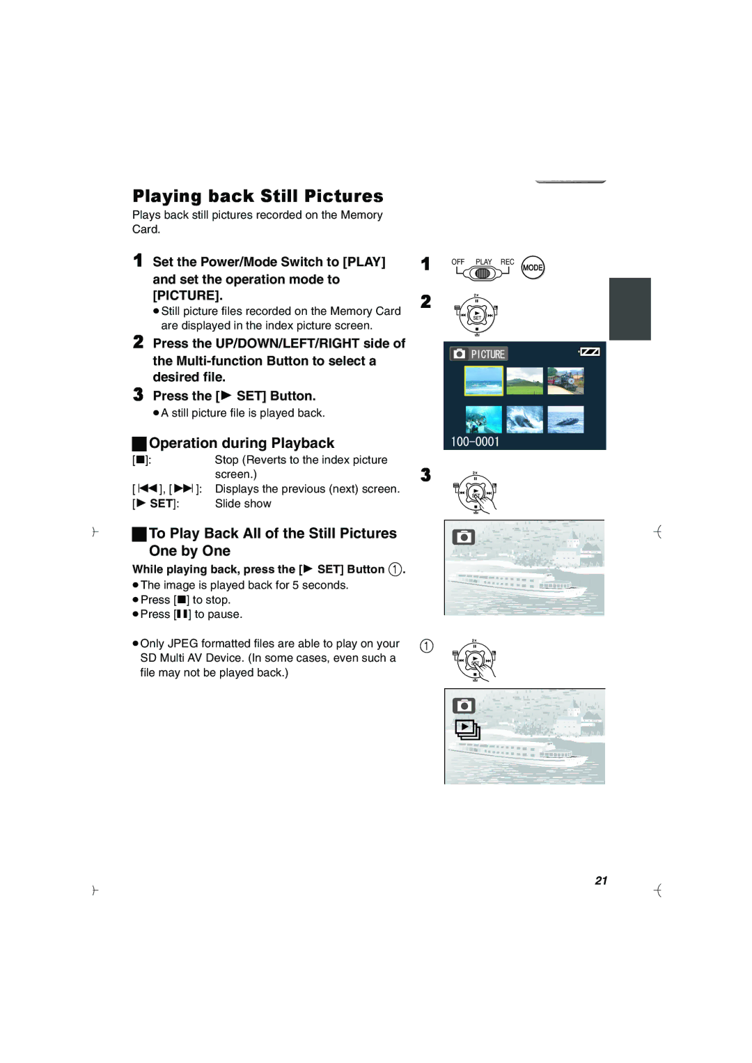 Panasonic SV-AV20U manual Playing back Still Pictures, Operation during Playback 