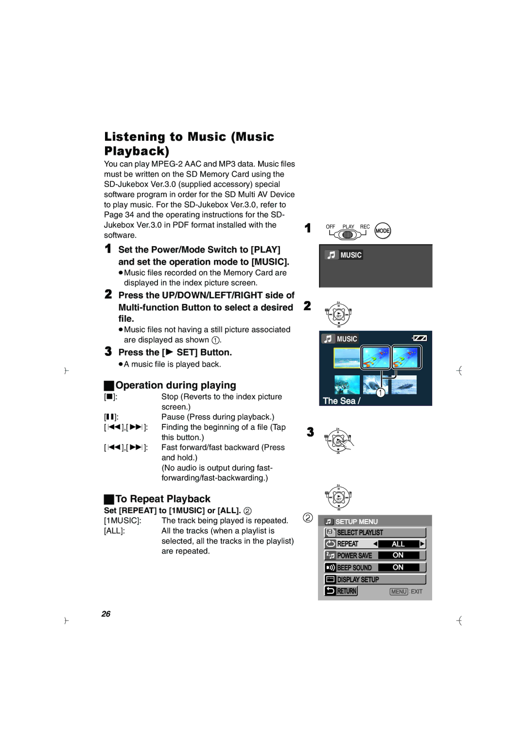 Panasonic SV-AV20U manual Listening to Music Music Playback, ªOperation during playing, ªTo Repeat Playback 