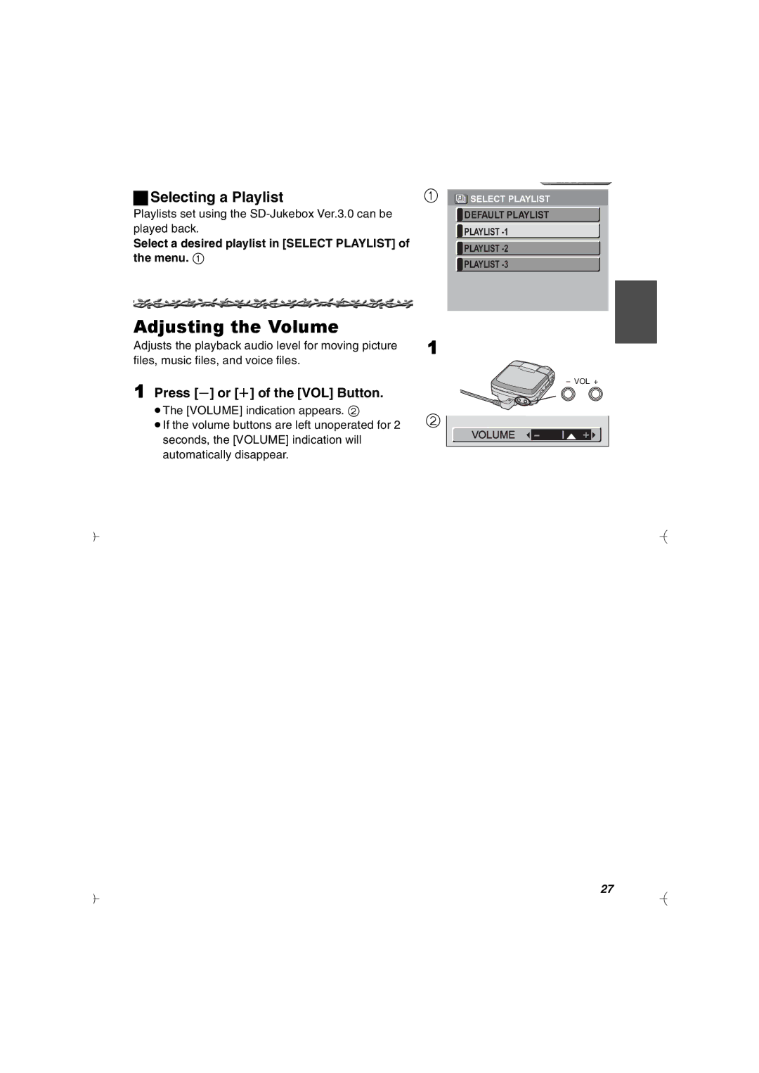 Panasonic SV-AV20U manual Adjusting the Volume, ªSelecting a Playlist, Press s or r of the VOL Button, Menu 