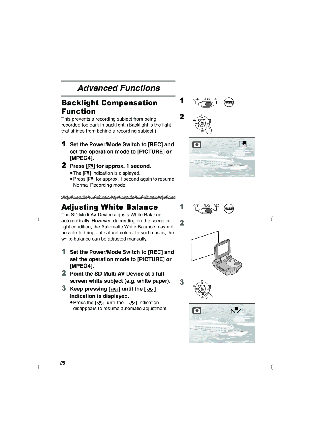 Panasonic SV-AV20U manual Backlight Compensation Function, Adjusting White Balance 