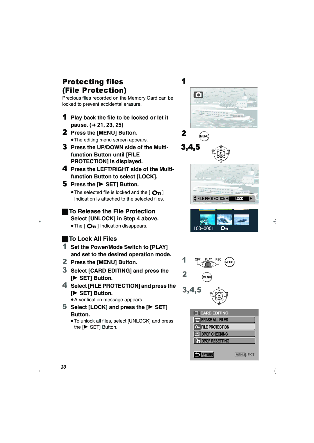 Panasonic SV-AV20U manual Protecting files File Protection, To Release the File Protection, To Lock All Files 