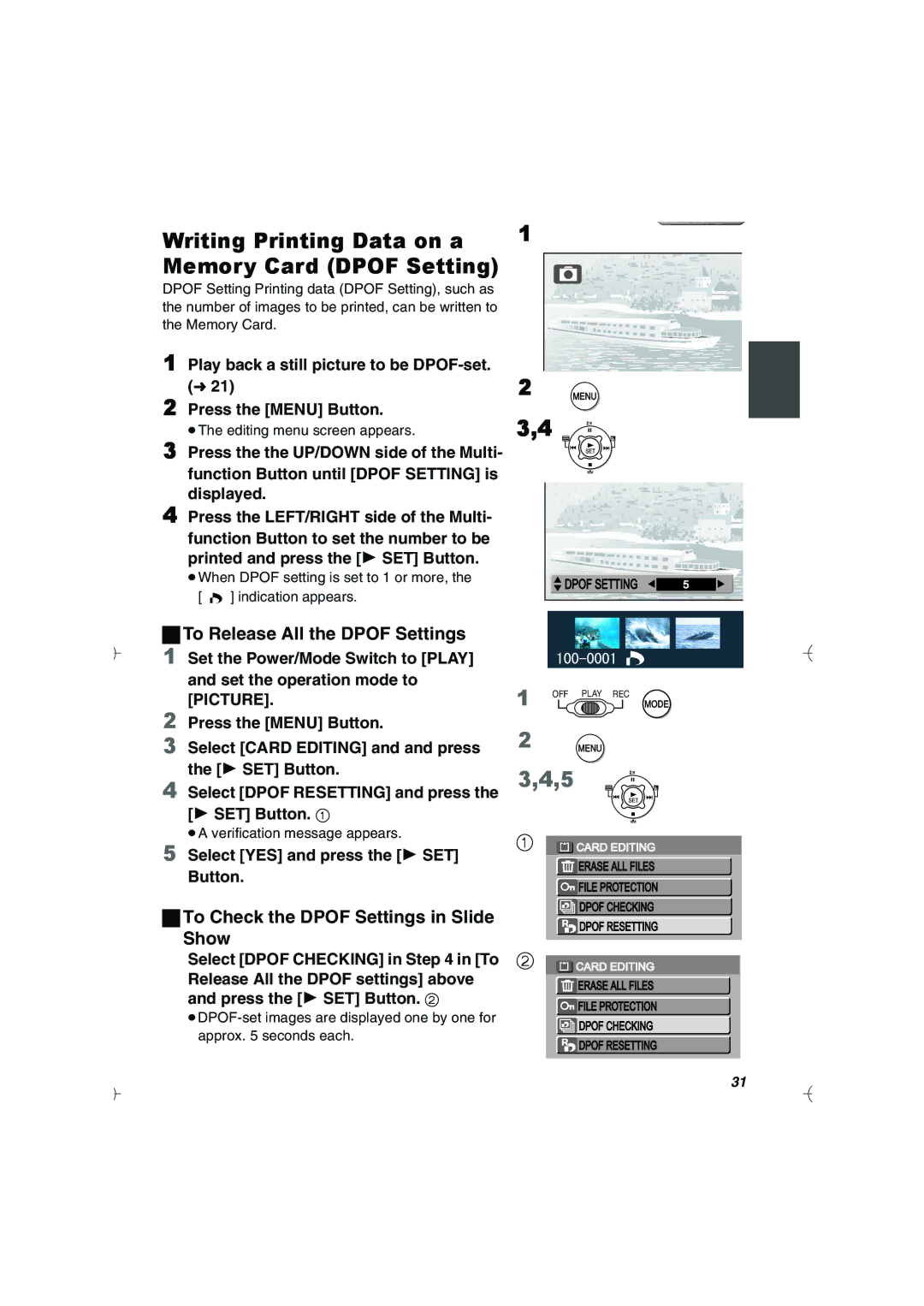 Panasonic SV-AV20U manual Writing Printing Data on a Memory Card Dpof Setting, To Release All the Dpof Settings 