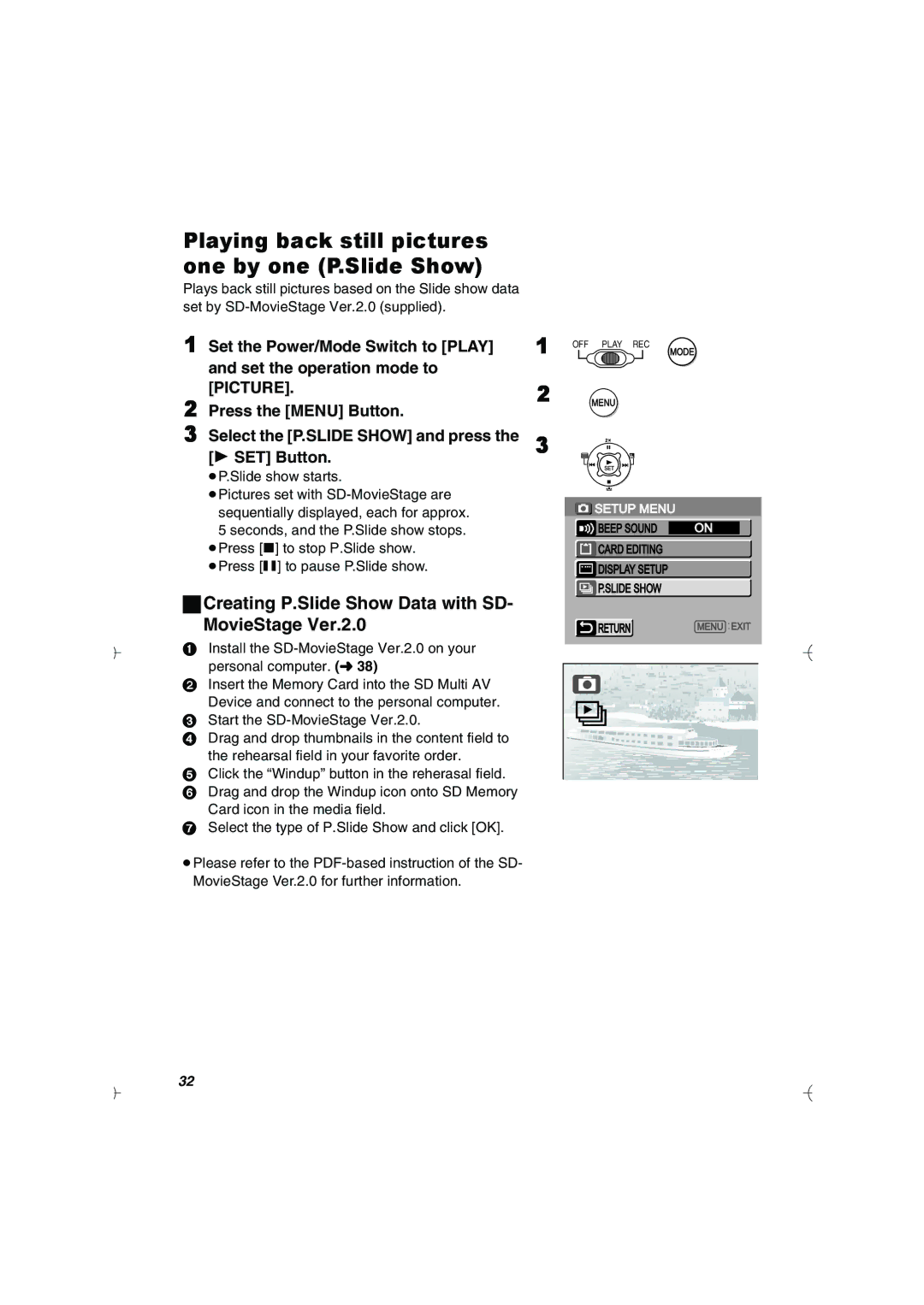 Panasonic SV-AV20U manual Playing back still pictures one by one P.Slide Show, ≥P.Slide show starts 