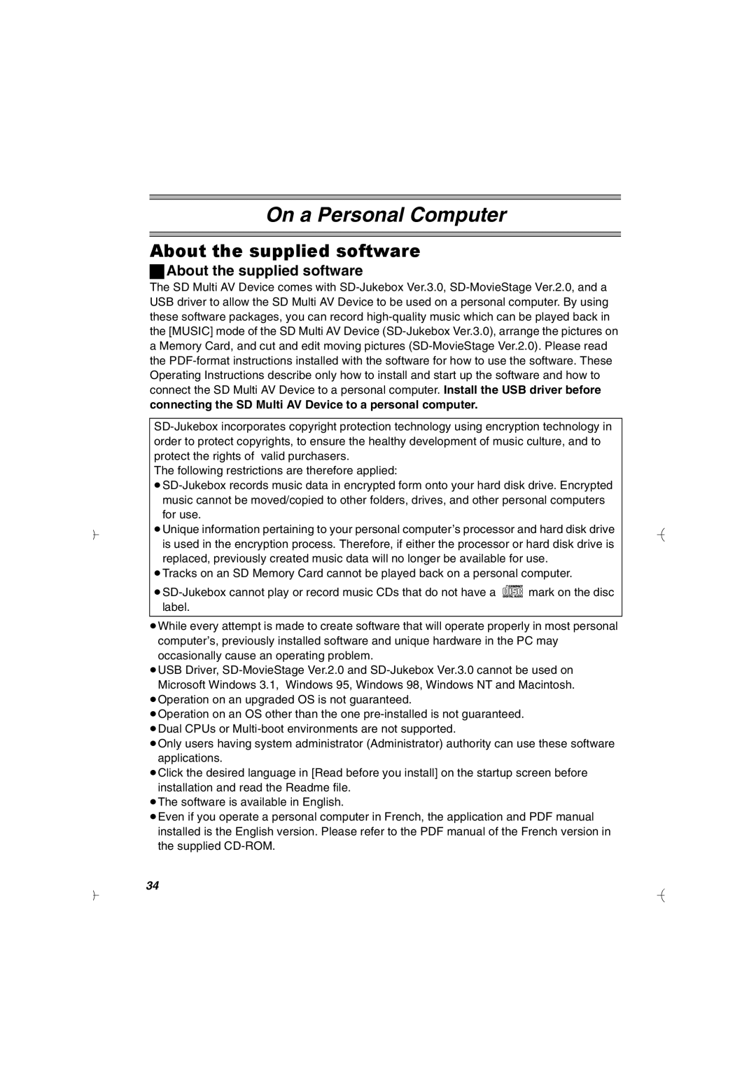 Panasonic SV-AV20U manual About the supplied software, Connecting the SD Multi AV Device to a personal computer 