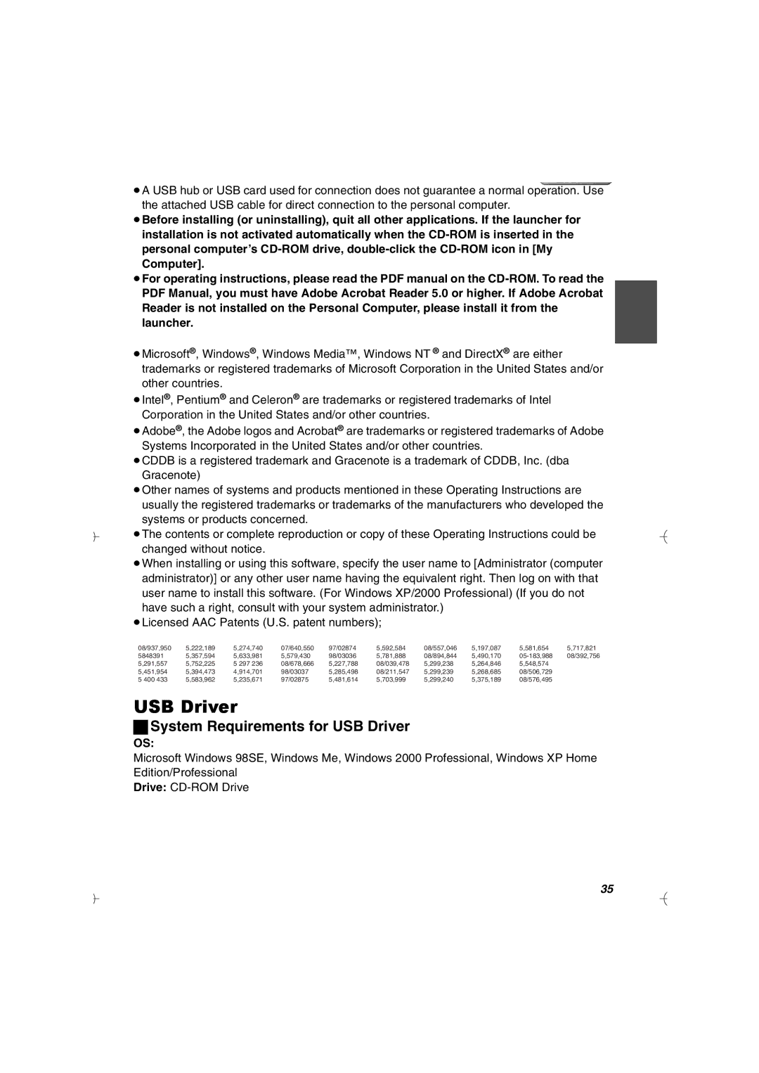 Panasonic SV-AV20U manual System Requirements for USB Driver 