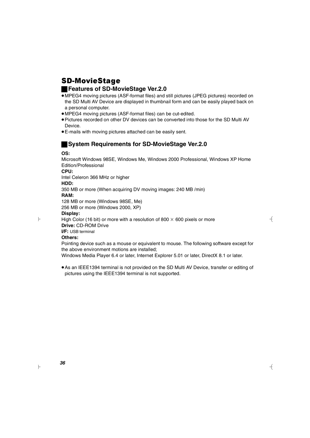 Panasonic SV-AV20U Features of SD-MovieStage Ver.2.0, System Requirements for SD-MovieStage Ver.2.0, Display, Others 