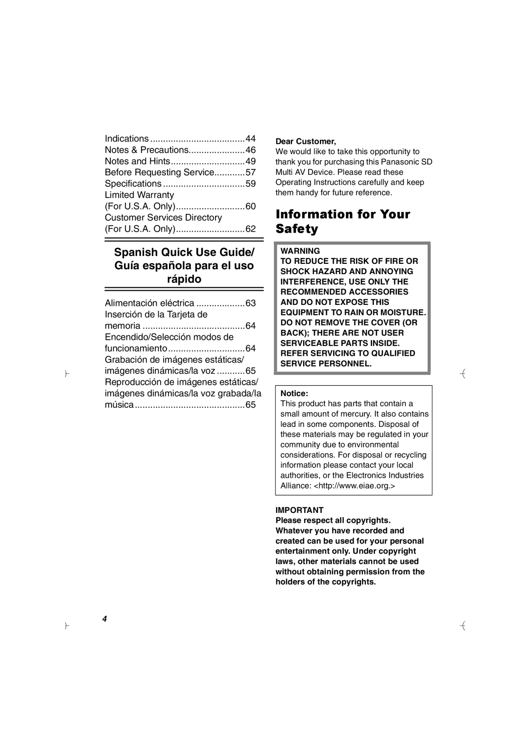 Panasonic SV-AV20U manual Information for Your Safety, Guía española para el uso, Dear Customer 