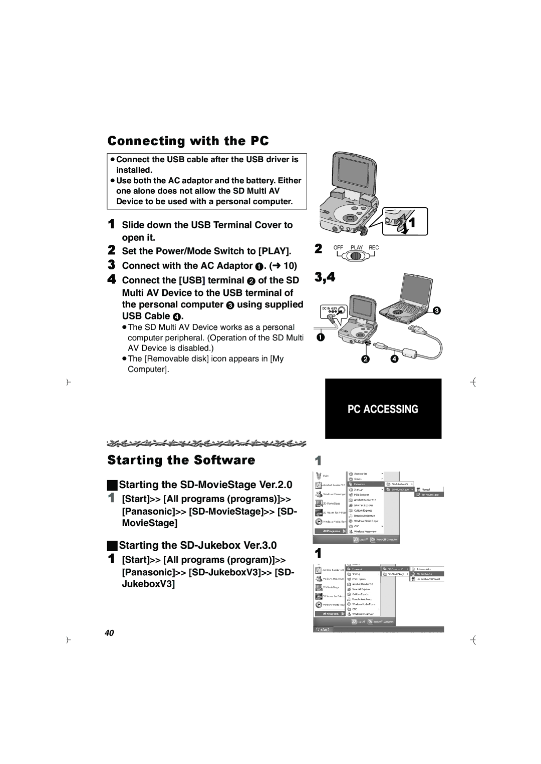 Panasonic SV-AV20U manual Connecting with the PC, Starting the Software, Starting the SD-MovieStage Ver.2.0 