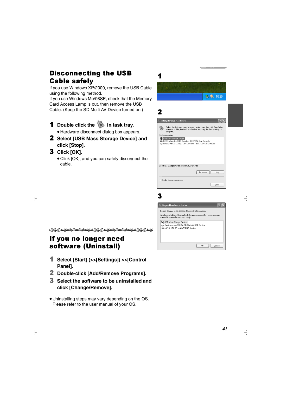 Panasonic SV-AV20U manual Disconnecting the USB Cable safely, If you no longer need software Uninstall 