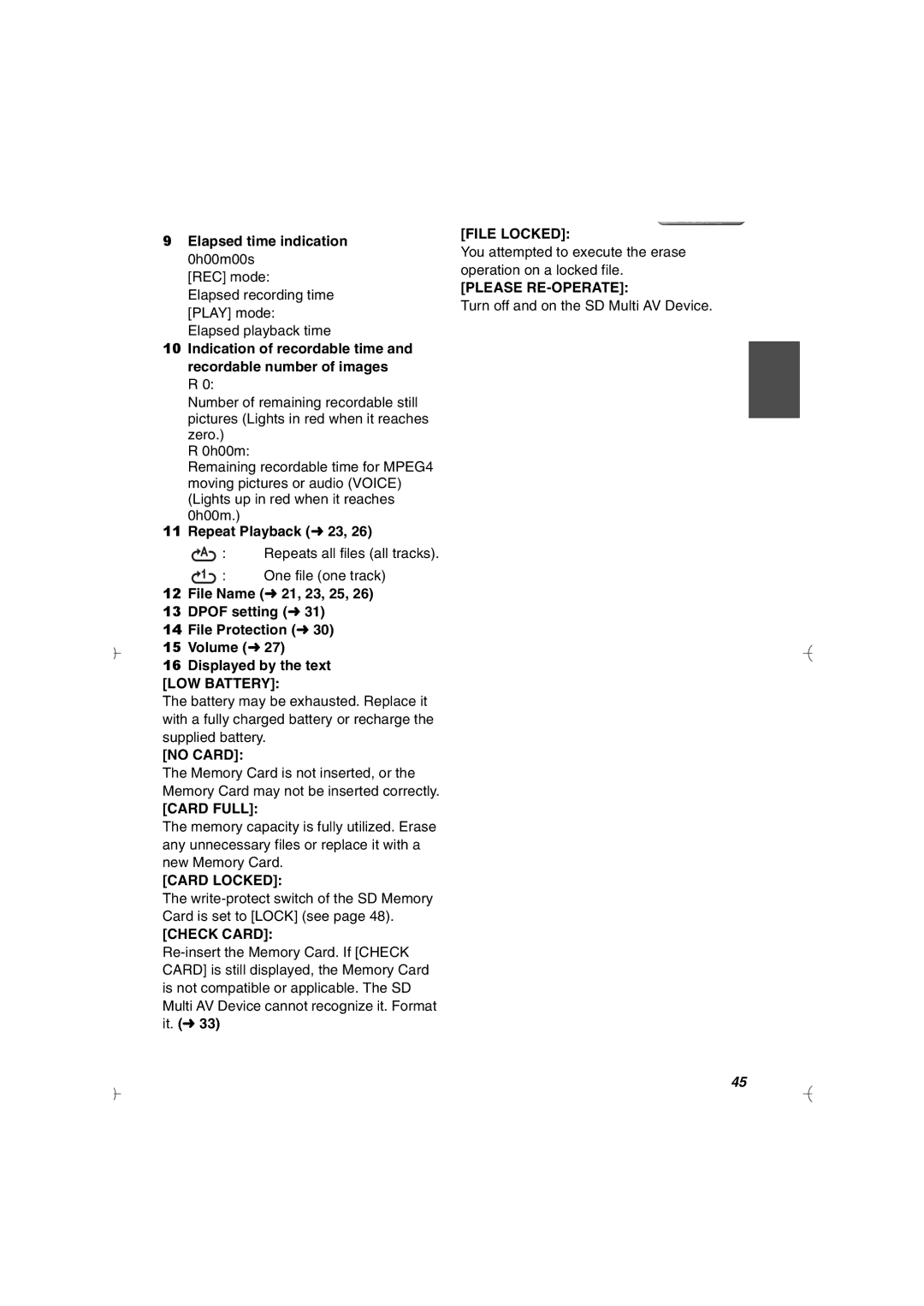 Panasonic SV-AV20U Elapsed time indication 0h00m00s, Repeat Playback l 23, Repeats all files all tracks One file one track 