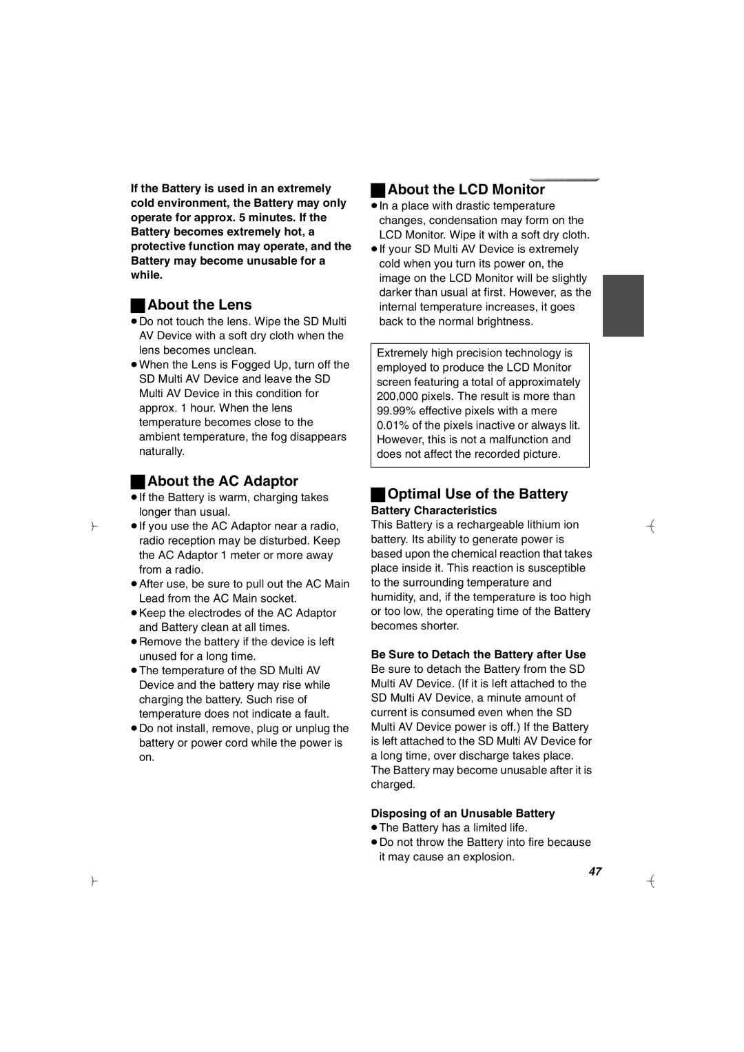 Panasonic SV-AV20U manual About the Lens, About the LCD Monitor, About the AC Adaptor, Optimal Use of the Battery 