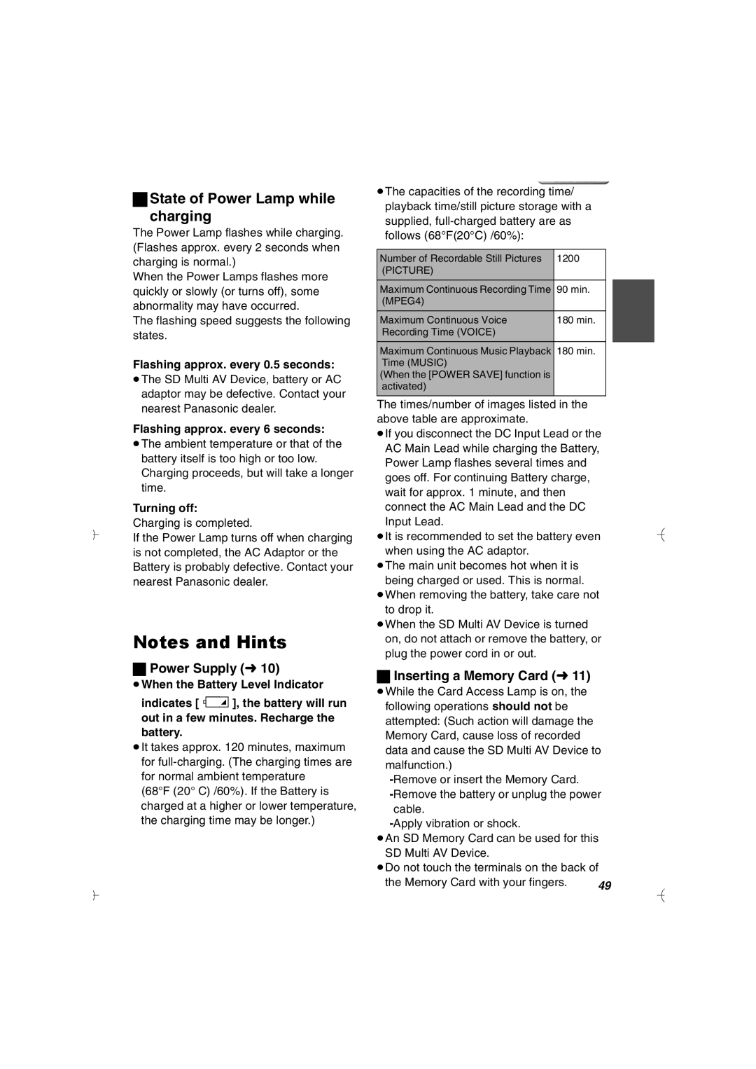 Panasonic SV-AV20U manual State of Power Lamp while Charging, Power Supply l, Inserting a Memory Card l 