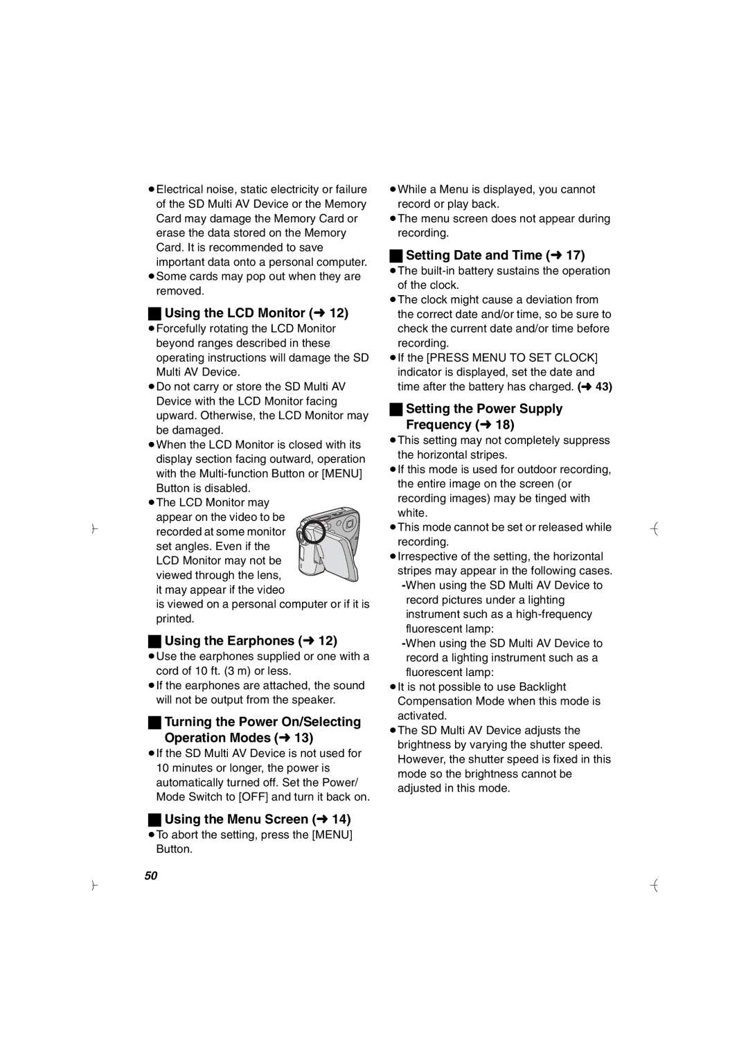 Panasonic SV-AV20U manual Using the LCD Monitor l, Using the Earphones l, Turning the Power On/Selecting Operation Modes l 