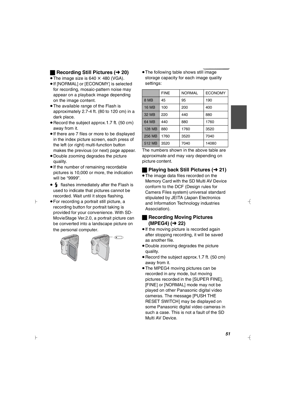 Panasonic SV-AV20U manual Recording Still Pictures l, Playing back Still Pictures l, Recording Moving Pictures MPEG4 l 